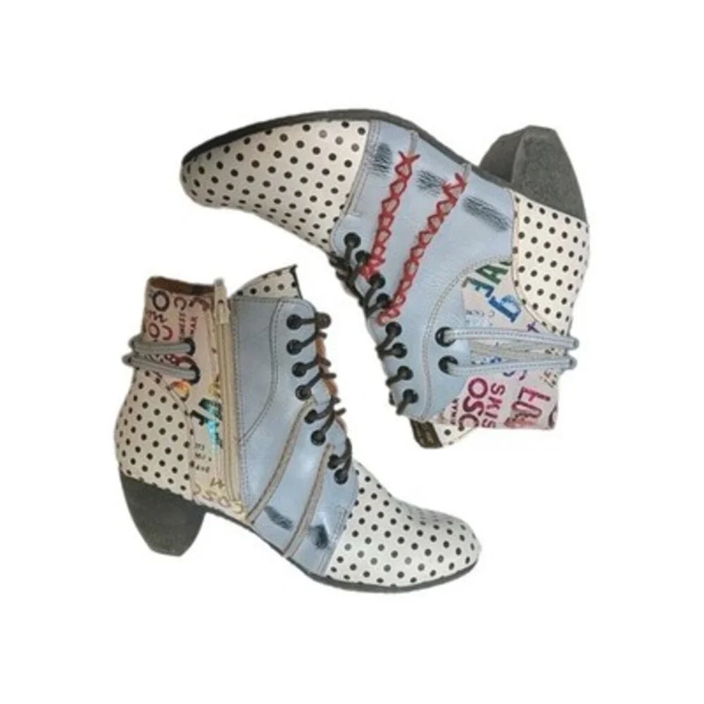 Maia Boho White Shoes Leather Lace-up Low Heel Ankle Boots EU 39 US 8.5 Polkadot